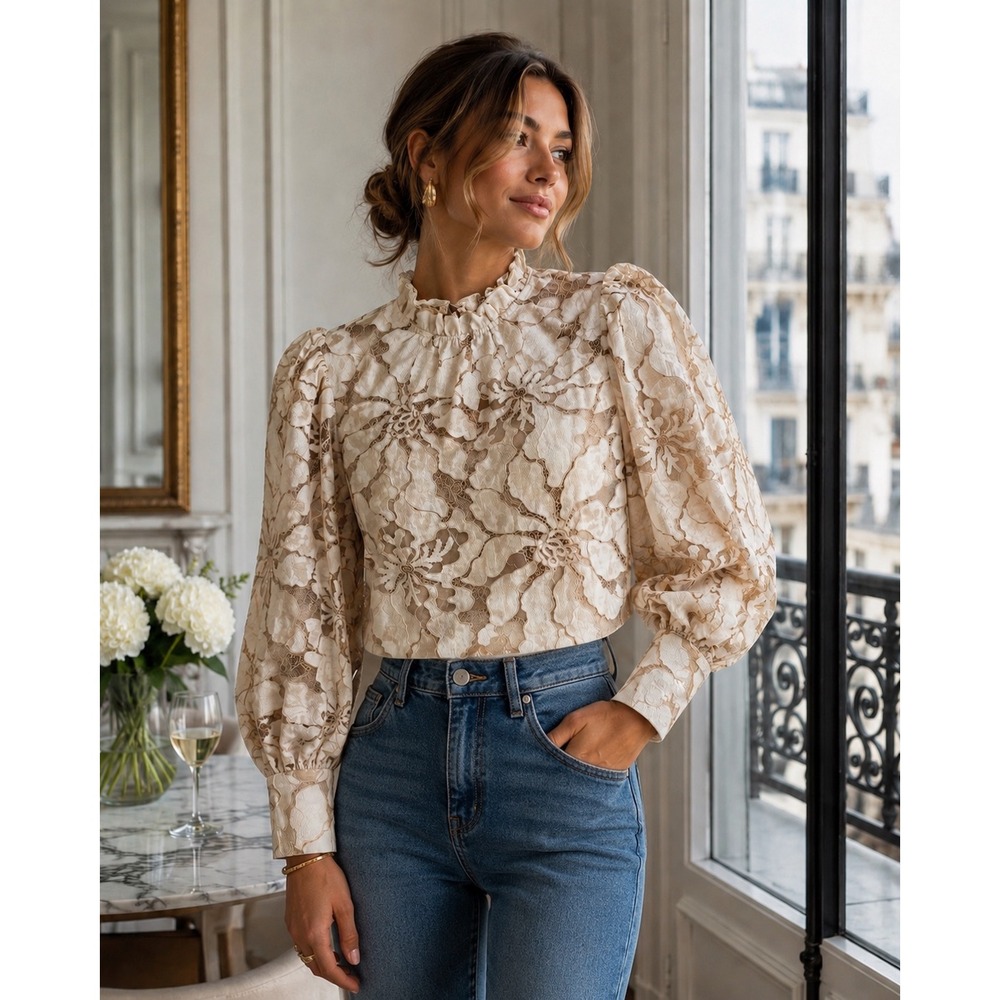 Romantic Coquette Floral Lace Puff Sleeve Crop Blouse Ivory Beige Neutral Sz 4